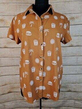 Pyknic Take It Greasy Women's Button Down Cotton Blend Short Sleeve Shirt Size L
